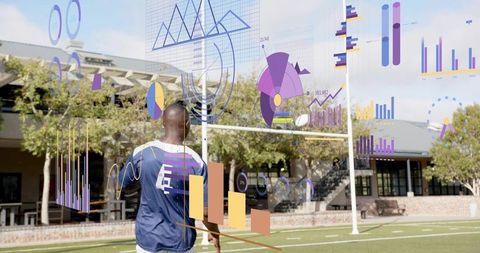 College athlete analyzing augmented reality performance analytics on sports turf field