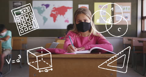 Elementary Student Learning with Math Symbols Surrounding