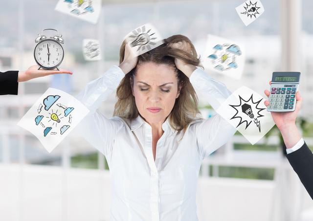 A businesswoman appears overwhelmed by work deadlines as she holds her head in frustration, surrounded by floating deadline symbols, an alarm clock, and a calculator. Useful for depicting stress in professional settings, articles on time management, work-life balance discussions, and workplace anxiety studies.