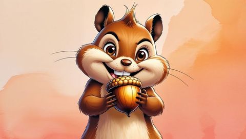 Adorable cartoon chipmunk holding oversized acorn