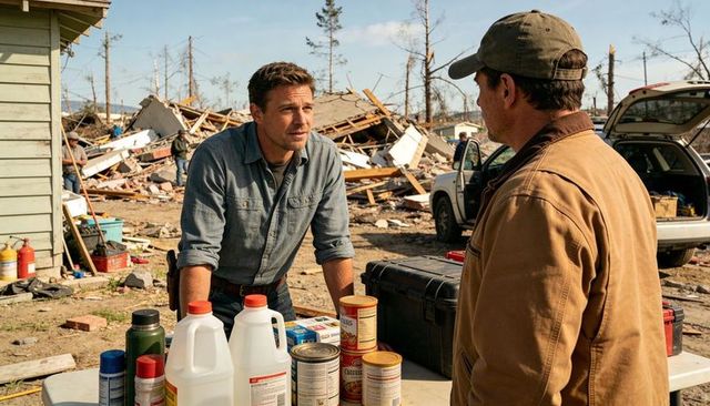 Volunteer coordinator organizing disaster relief supplies amid torn debris, damaged homes