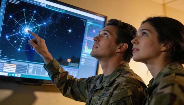 Soldiers analyzing tactical starfield map on operations monitor while planning mission