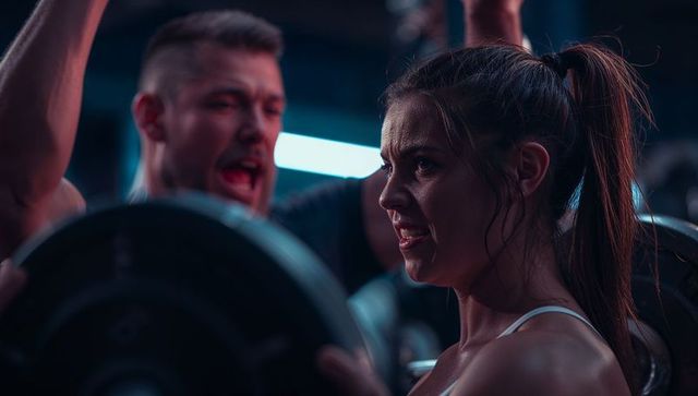 Dedicated woman powerlifting with supportive trainer at gym