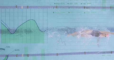 Athlete Swimming Front Crawl with Data Overlay Showing Performance Metrics