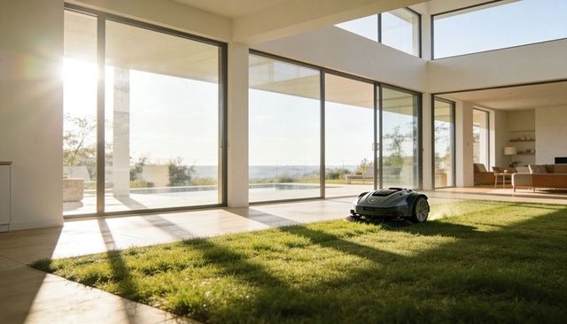 Robotic lawn mower gliding over indoor turf beside sunlit sliding glass doors