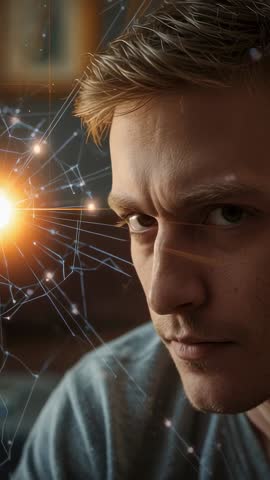 Man reacting to pulsating digital network while shifting gaze upward | Futuristic data visualization