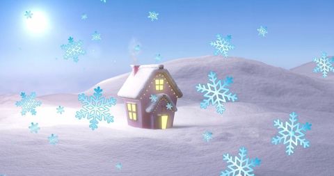 Secluded snowy cottage with floating snowflakes under sunlit sky