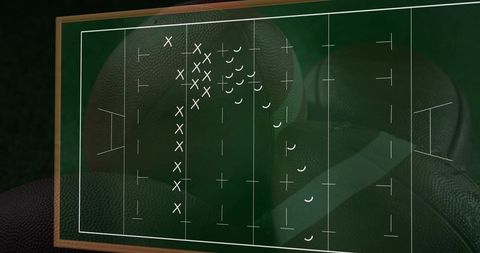 Coaching playboard showing football play diagram overlaying leather texture and wood frame