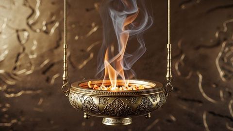 Suspended brass brazier with glowing coals in ritual chamber