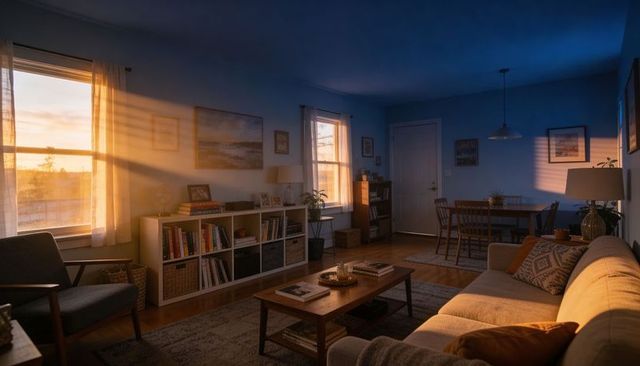 Midcentury living room basking in golden sunset light with cozy sofa and bookshelves