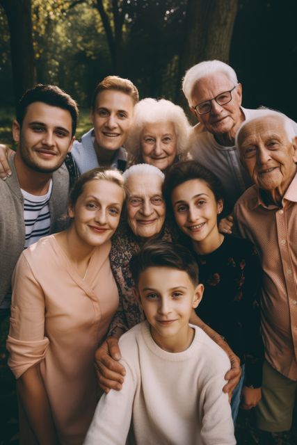 Multigenerational family smiling outdoors with varied ages showing unity and togetherness, sharing a happy moment. Use for family-oriented advertisements, health and wellness promotions, community programs, or educational materials emphasizing family values.
