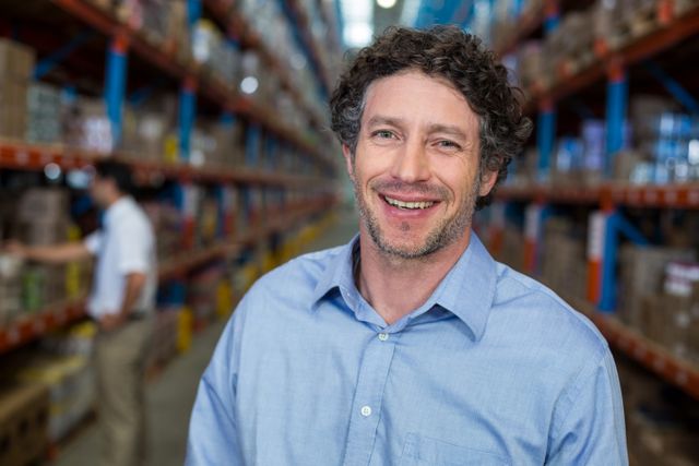 Middle-aged male warehouse worker smiling in an industrial storage facility. Shelves filled with boxes and products in the background. Ideal for use in business, logistics, supply chain, and workplace-related content.