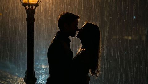 Romantic Silhouette of Couple Embracing in Rain