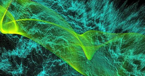 Neon Wireframe Wave Over Turquoise Particle Field Futuristic Abstract Data Mesh