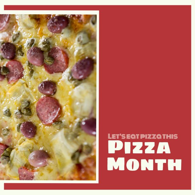 Perfect for promoting Pizza Month celebrations, restaurant marketing materials, social media posts highlighting pizza, food blog visuals, and pizza-themed advertisements. Ideal for emphasizing the richness and variety of pizza toppings and textures.
