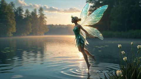 Ethereal fairy hovering above serene lake at dusk