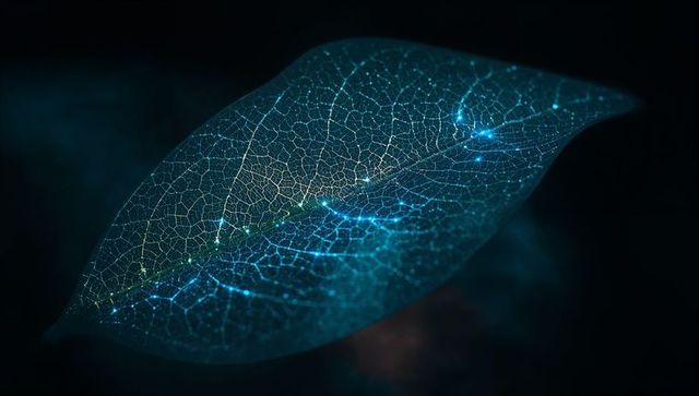 Luminescent skeletal leaf with glowing vein network, bioluminescent nodes and cosmic bokeh