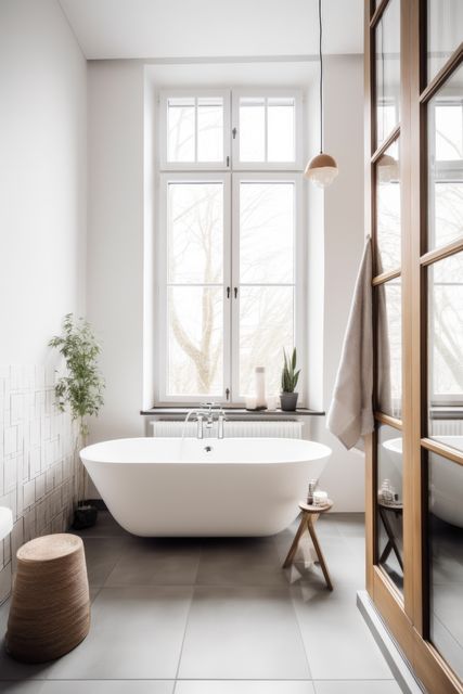 Luxury bathroom featuring a sleek white freestanding bathtub in front of large windows. Clean lines and neutral tones create an airy, minimalist feel. Ideal for interior design inspiration, home decor ideas, spa advertisements, luxurious lifestyle promotions, and architecture portfolios.