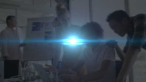 Team Collaboration in Modern Business Setting with Futuristic Effects