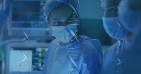 Surgical Team Operating with DNA Helix Overlay