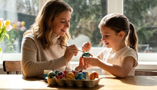 Mother and daughter painting easter eggs together in sunlit kitchen for family crafts