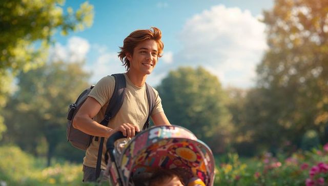 Young man pushing colorful stroller along sunlit park path, smiling caregiver