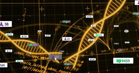 Glowing Golden DNA Helix Interacting with Social Data Badges on Futuristic Digital Grid