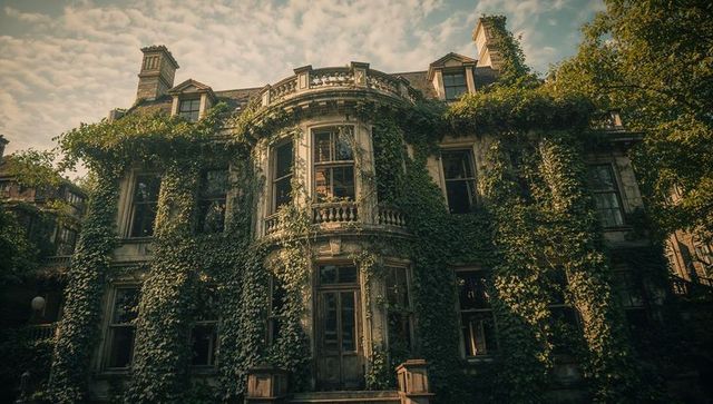 Ivy-covered historic mansion facade