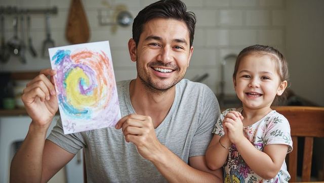 Father and daughter showing colorful watercolor spiral painting smiling at kitchen table