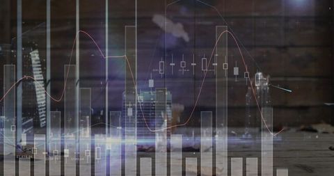 Financial visualization overlay showing candlestick charts and histograms on cityscape