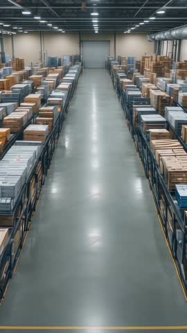 Door Opening and Camera Advancing Down Warehouse Aisle with Packed Carts and Stacked Boxes