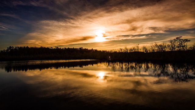 Serene Sunset Reflecting on Calm Lake with Trees Silhouette - Download Free Stock Photos Pikwizard.com