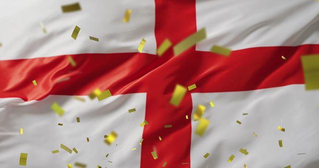 Waving England flag with falling confetti, ideal for use in celebrating sports victories, national holidays, and expressing patriotism. Useful for digital and print materials emphasizing English pride and festive occasions.