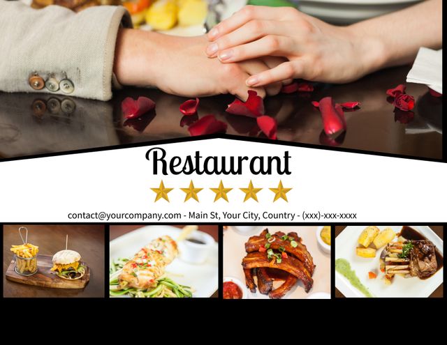 Perfect for promoting restaurants specializing in fine dining and special occasions. Ideal for advertising romantic events, anniversary dinners, or gourmet food experiences. Showcases delicious meals with elegant presentation, making it attractive for marketing luxury dining.