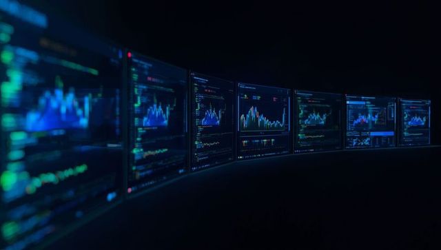 Futuristic multiple screens displaying data and code