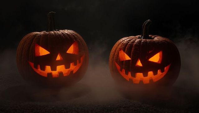 Glowing Jack-o'-lanterns on Foggy Nighttable Creating Spooky Halloween Ambiance