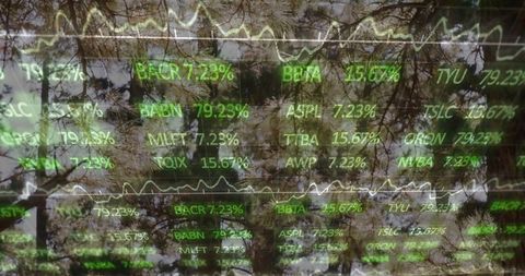 Green stock ticker reflecting urban trees on glass facade, double exposure market data