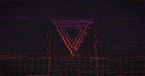 Neon glitch inverted triangle with layered scanline echoes and digital noise grid