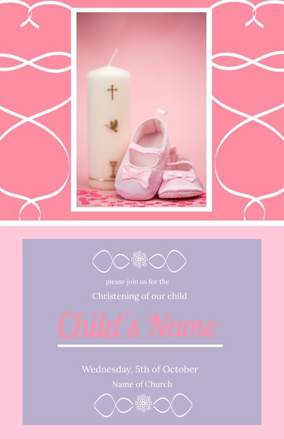 Baby Christening Invitation Template with Pink Shoes and Candle - Download Free Stock Templates Pikwizard.com