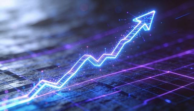 Neon arrow trending upward across futuristic data grid with glowing particles
