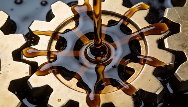 Macro lubricated brass spur gear pouring viscous oil with radial droplets and reflections