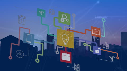 Digital Media Icons Connecting Global Cityscape Concept