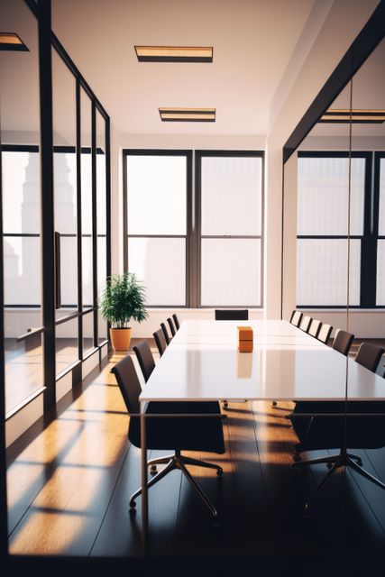 Modern conference room features glass walls, sleek furniture, and large windows offering a view of the city. Sunlight floods in, creating a bright, inviting atmosphere. Ideal for business presentations, corporate meetings, and interior design concepts.