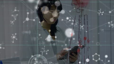 Scientist Analyzing Data with Molecular Graphics Overlay