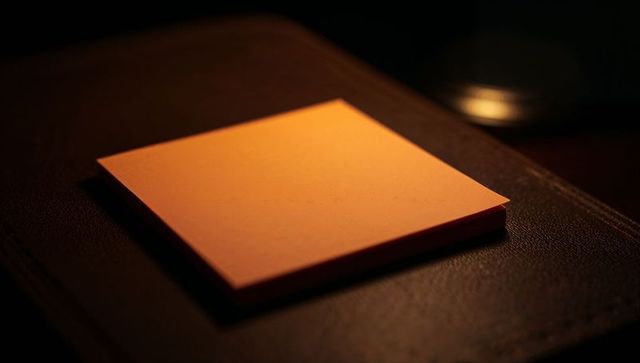 Orange sticky notes stack catching warm lamp light on leather notebook surface