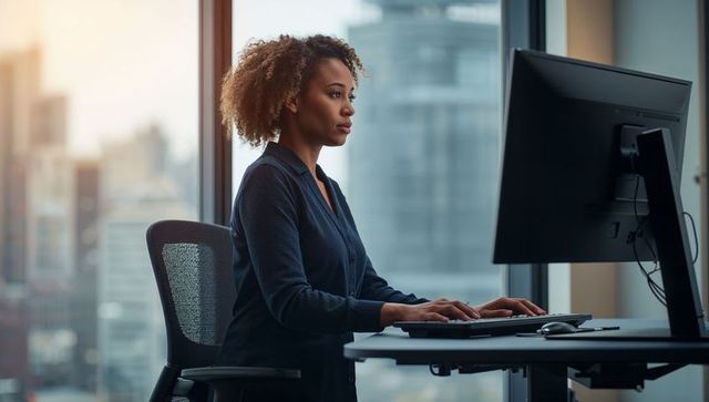 Focused Businesswoman Typing at Adjustable Desk in Highrise Office