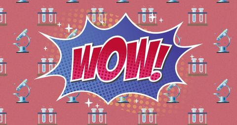Graphic showcases vibrant 'Wow' design in comic style on pink background with repeating test tube and microscope illustrations. Suitable for playful science-themed presentations, posters, educational materials, or kid’s event promotions. Eye-catching design ideal for capturing attention with both comic and scientific elements.