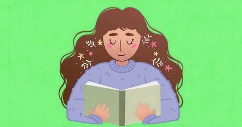 Serene woman reading with floral hair motifs on green background