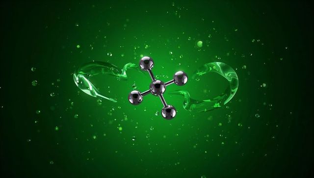 Rotating chrome molecule floating in emerald liquid with translucent ribbons and droplets