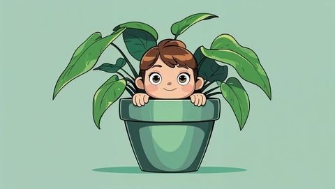 Whimsical child peeking from green plant pot surrounded by leaves - shy concept